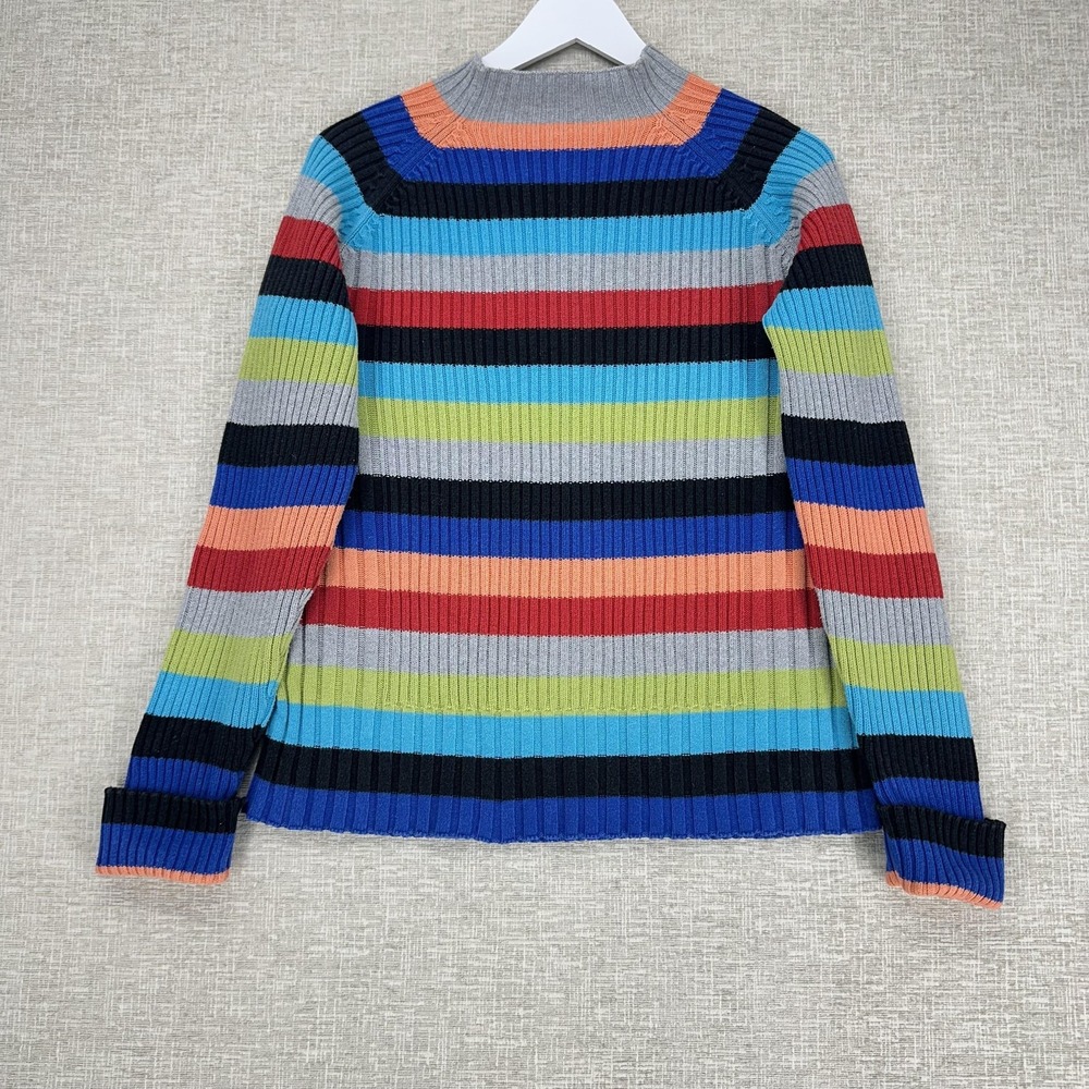 Studio Works Sweater Womens Medium Multicolor Stripe Ribbed Cotton Mock Neck‎